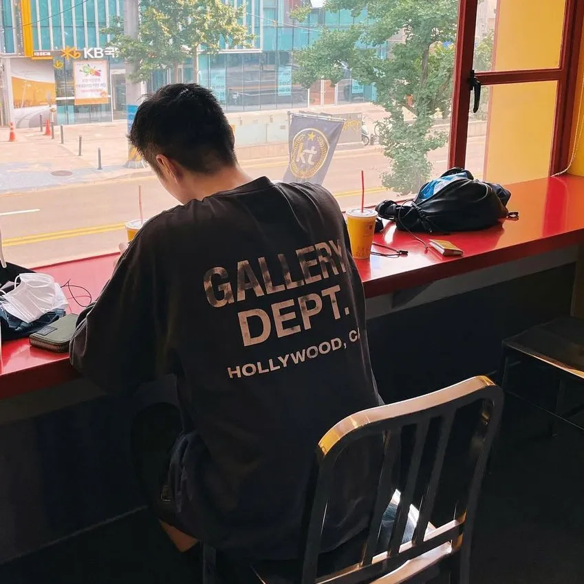 GALLERY DEPT. SOUVENIR L/S TEE Black Basic English Logo Long Sleeves Washed Black S-XL Heavy Washed Vintage Cylindrical Seamless Linen Cotton Fabric